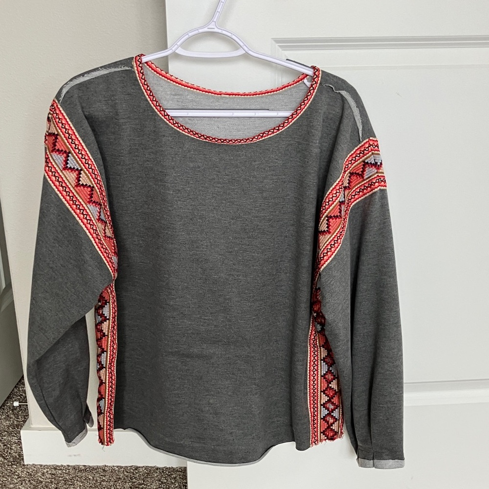 Gray Sweater with Red Embroidery